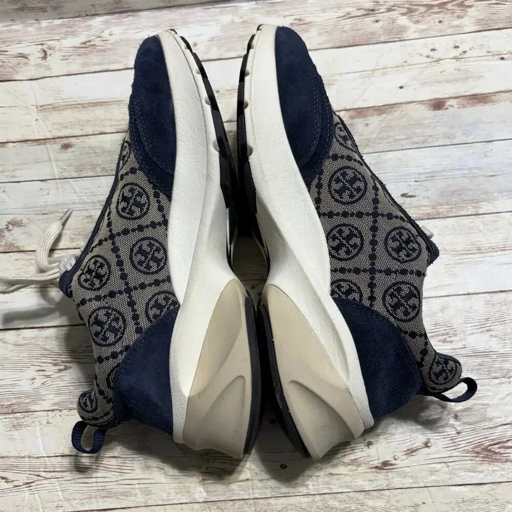 Tory Burch T Monogram Good Luck Trainer Sneakers Women's 9.5 Navy Gray Chunky